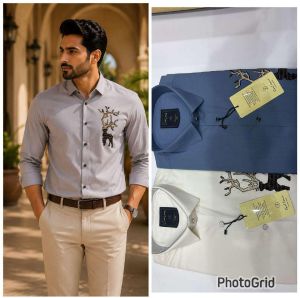 Mens Light Grey Reindeer Embroidered Shirt
