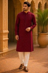Mens Maroon Self Embroidered Kurta Pajama Set