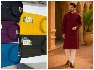 Mens Maroon Self Embroidered Kurta Pajama Set