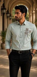 Mens Mint Green Floral Embroidered Shirt