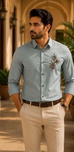 Mens Mint Green Leaf Embroidered Shirt