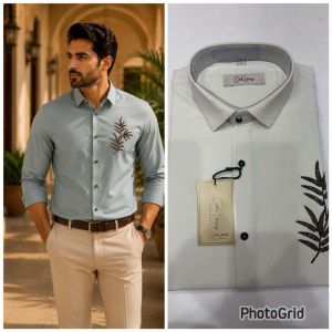 Mens Mint Green Leaf Embroidered Shirt