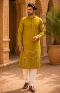 Mens Mustard Embroidered Designer Kurta Pajama Set