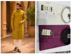 Mens Mustard Embroidered Designer Kurta Pajama Set