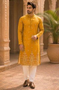Mens Mustard Ethnic Motif Kurta Pajama Set