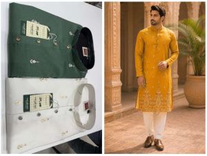 Mens Mustard Ethnic Motif Kurta Pajama Set