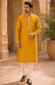 Mens Mustard Motif Embroidered Kurta Pajama Set