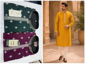 Mens Mustard Motif Embroidered Kurta Pajama Set