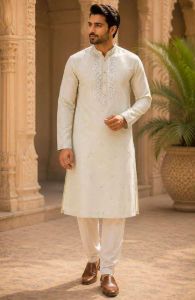 Mens Off White Embroidered Festive Kurta Pajama Set