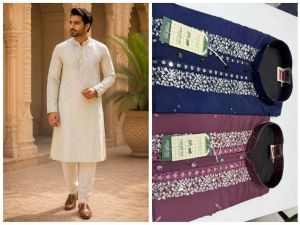 Mens Off White Embroidered Festive Kurta Pajama Set