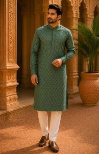 Mens Olive Green Jacquard Kurta Pajama Set