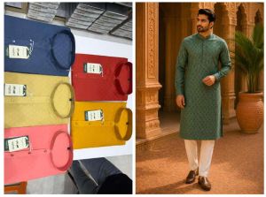 Mens Olive Green Jacquard Kurta Pajama Set