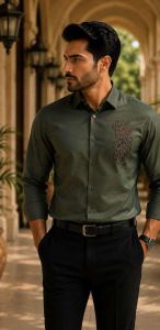 Mens Olive Green Phoenix Embroidered Formal Shirt