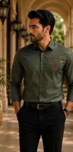 Mens Olive Green Phoenix Embroidered Shirt