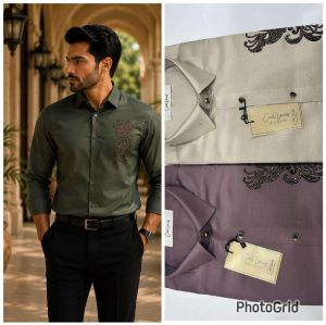 Mens Olive Green Phoenix Embroidered Shirt