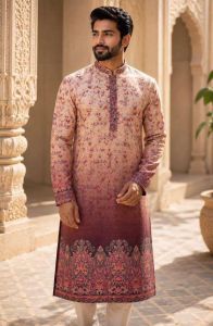 Mens Peach Ombre Printed Designer Kurta Pajama Set