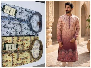 Mens Peach Ombre Printed Designer Kurta Pajama Set