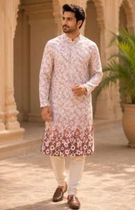 Mens Pink Floral Printed Kurta Pajama Set