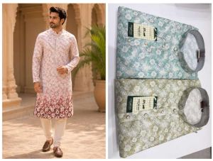 Mens Pink Floral Printed Kurta Pajama Set