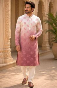 Mens Pink Ombre Printed Designer Kurta Pajama Set