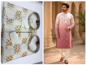 Mens Pink Ombre Printed Designer Kurta Pajama Set