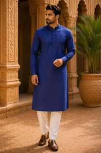 Mens Royal Blue Textured Kurta Pajama Set