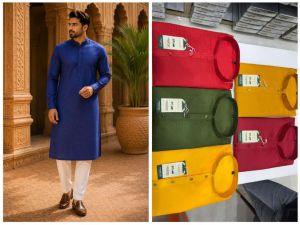 Mens Royal Blue Textured Kurta Pajama Set