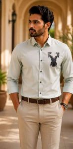 Mens Sage Green Deer Embroidered Shirt