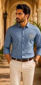 Mens Sky Blue Embroidered Formal Shirt