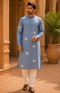 Mens Sky Blue Palm Embroidered Kurta Pajama Set