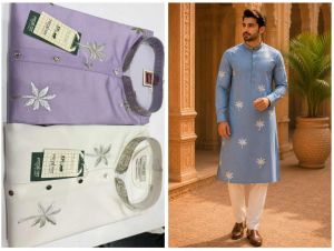 Mens Sky Blue Palm Embroidered Kurta Pajama Set