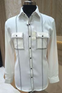 Mens White Contrast Stitch Double Pocket Shirt