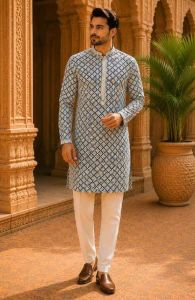 Mens White Geometric Printed Kurta Pajama Set