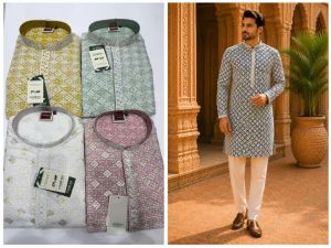 Mens White Geometric Printed Kurta Pajama Set