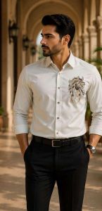 Mens White Horse Embroidered Designer Shirt