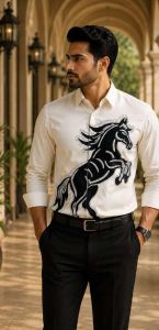 Mens White Running Horse Graphic Designer Shirt