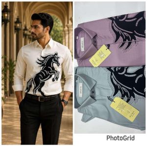 Mens White Running Horse Graphic Designer Shirt
