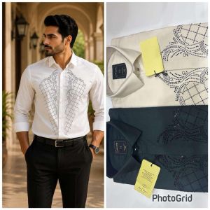 Mens White Studded Designer Formal Shirt
