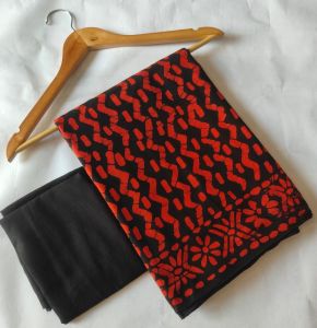 Ladies Crimson Black Hand Block Mul Saree