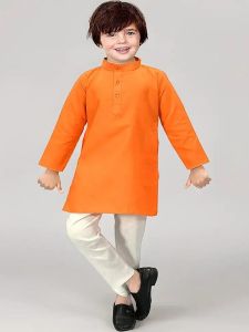 Boys White and Orange Cotton Kurta Pajama Set