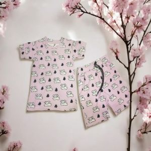 Casual Wear Kids Hosiery Cotton Light Pink Printed Co-ord Set
