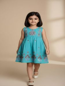 Girl Sky Blue Embroidered Cotton Frock