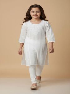 Girl White Cotton Blend Chikankari Kurti