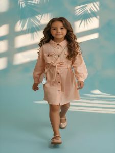 Girls Peach One Piece Tunic Frock with Purse and Belt