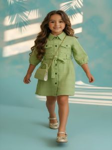 Girls Pista Green One Piece Tunic Frock with Purse and Belt