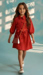 Girls Red One Piece Tunic Frock with Purse and Belt