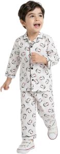 Kids Boys White Printed Cotton Night Suit Set