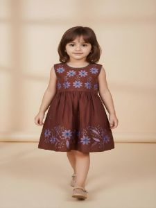 Kids Girl Brown Embroidered Cotton Frock