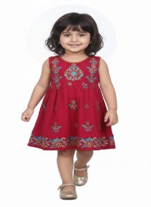 Kids Girl Designer Red Embroidered Cotton Frock