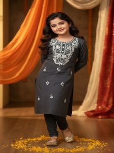 Kids Girl Grey Cotton Blend Chikankari Kurti